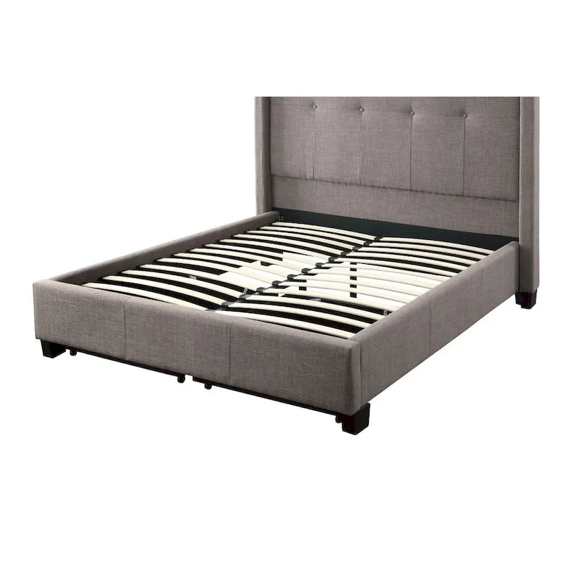 Queen Platform Bed – Grey, Tufted Linen, Low Profile, 2 Footboard Storage Drawers, Sleeps 1