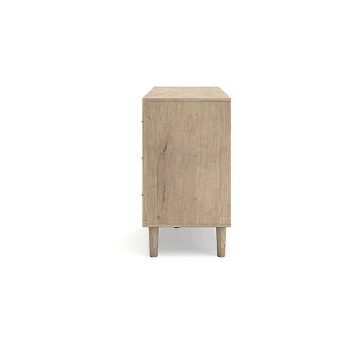Kommode mit 6 Schubladen – Braun / Beige, Nachbildung Eichenmaserung, Schubladenfronten mit Wiener Geflecht, bronzefarbene Knäufe, zeitgenössischer Stil