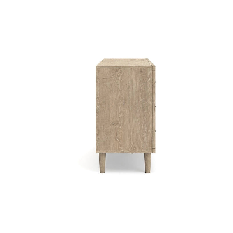6-Drawer Dresser – Brown / Beige, Replicated Oak Grain, Cane Detail Drawer Fronts, Bronze Knobs, Contemporary Style