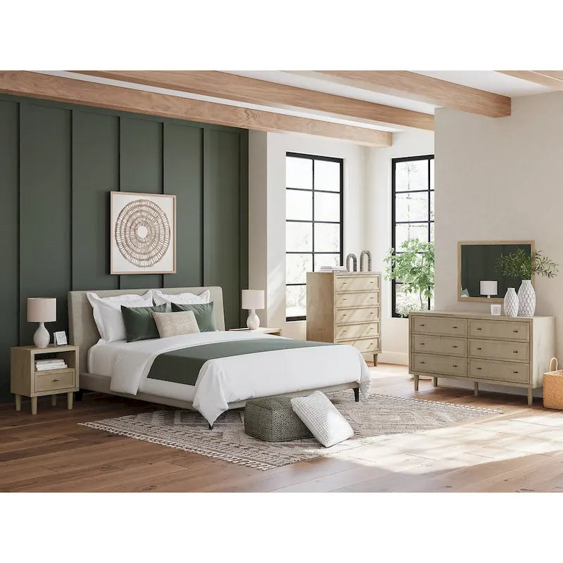 6-Drawer Dresser – Brown / Beige, Replicated Oak Grain, Cane Detail Drawer Fronts, Bronze Knobs, Contemporary Style