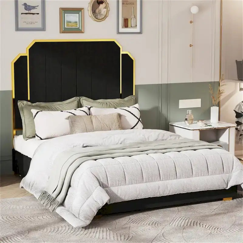 Queen Size Bed Frame and 59.06  Headboard with Golden Plating Trim
