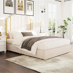 Queen Velvet Platform Bed – Gold + Creamy White / Black / Blue, Channel Headboard, 4 Storage Drawers, Sleeps 1