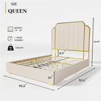 Queen Velvet Platform Bed – Gold + Creamy White / Black / Blue, Channel Headboard, 4 Storage Drawers, Sleeps 1