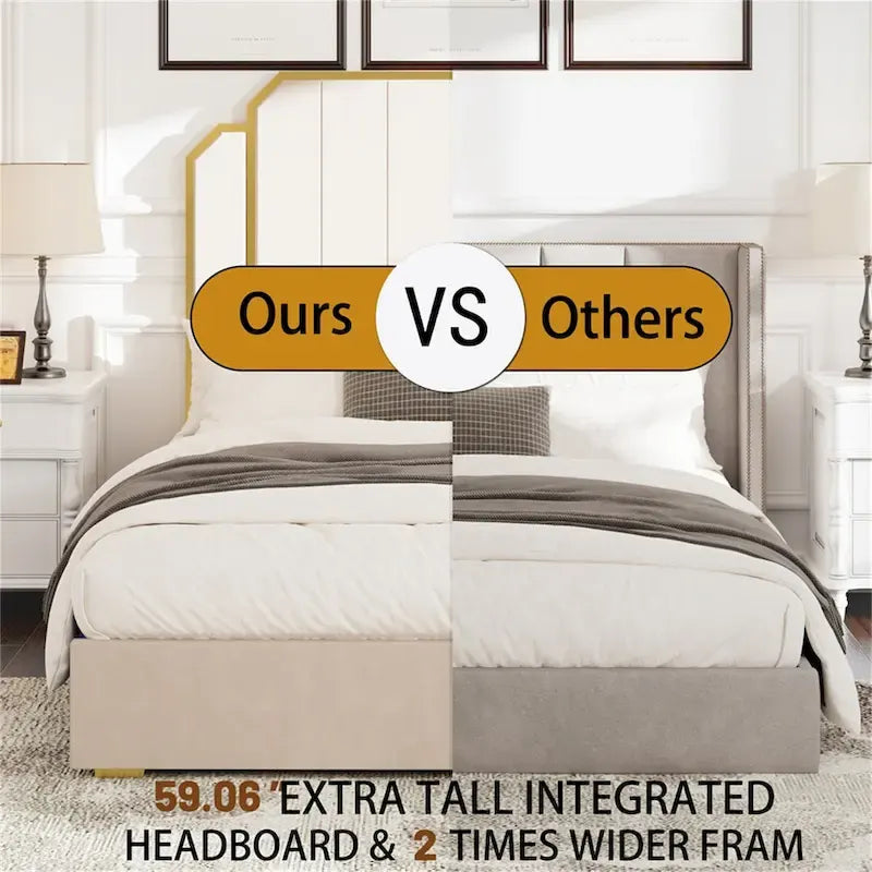 Queen Velvet Platform Bed – Gold + Creamy White / Black / Blue, Channel Headboard, 4 Storage Drawers, Sleeps 1