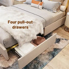 Queen Velvet Platform Bed – Gold + Creamy White / Black / Blue, Channel Headboard, 4 Storage Drawers, Sleeps 1