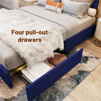 Queen Velvet Platform Bed – Gold + Creamy White / Black / Blue, Channel Headboard, 4 Storage Drawers, Sleeps 1