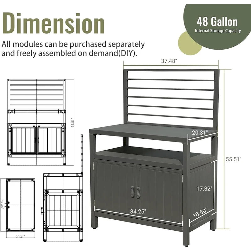 Outdoor Kitchen Storage Island – Grey, Powder-Coated Aluminum, Food-Safe Countertop, Modular Design