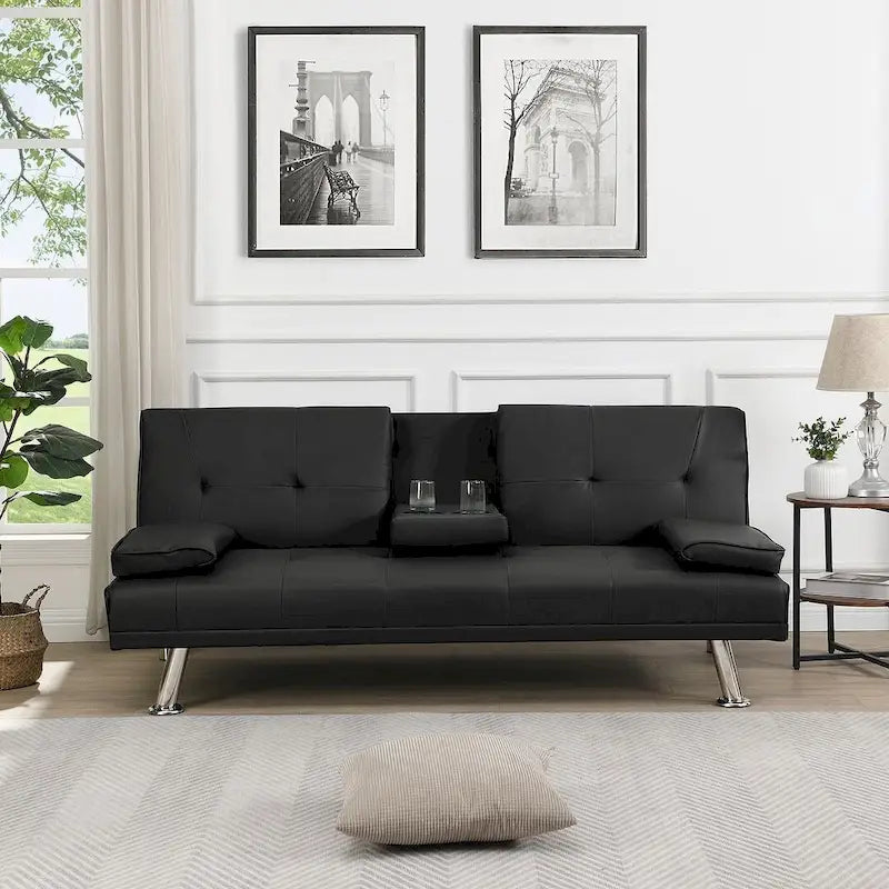 Click-Clack Convertible Sofa Bed – Black / Dark Brown, Faux Leather, 3-Position Recliner, Seats 2