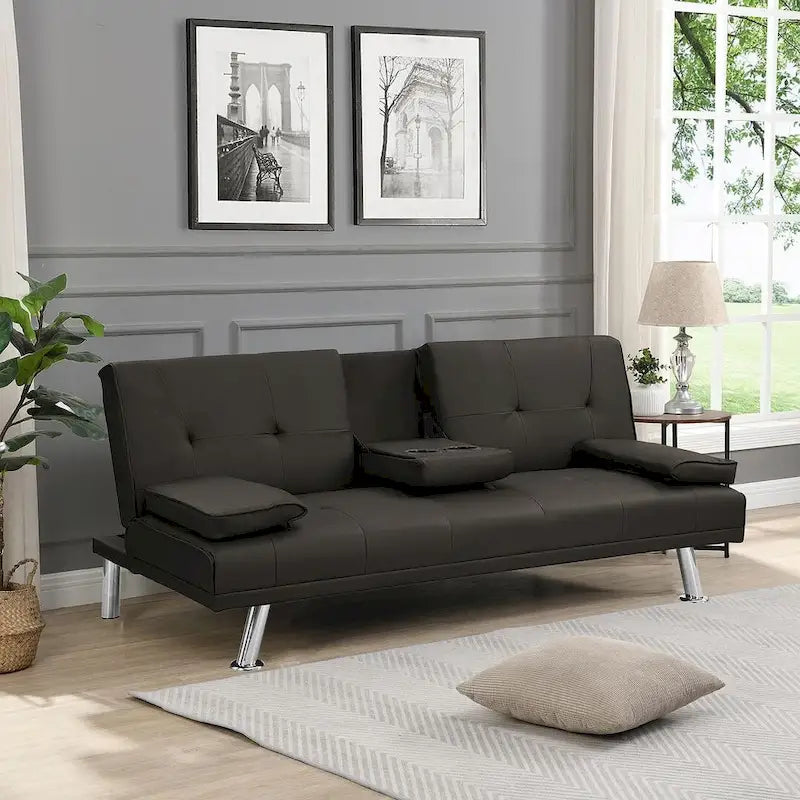Click-Clack Convertible Sofa Bed – Black / Dark Brown, Faux Leather, 3-Position Recliner, Seats 2