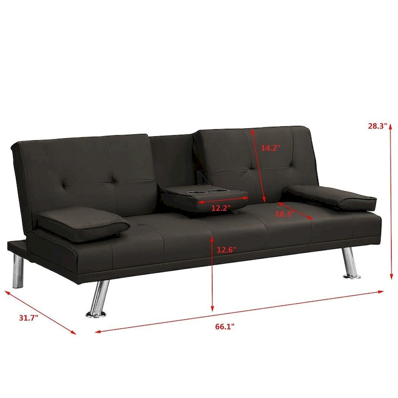 Click-Clack Convertible Sofa Bed – Black / Dark Brown, Faux Leather, 3-Position Recliner, Seats 2