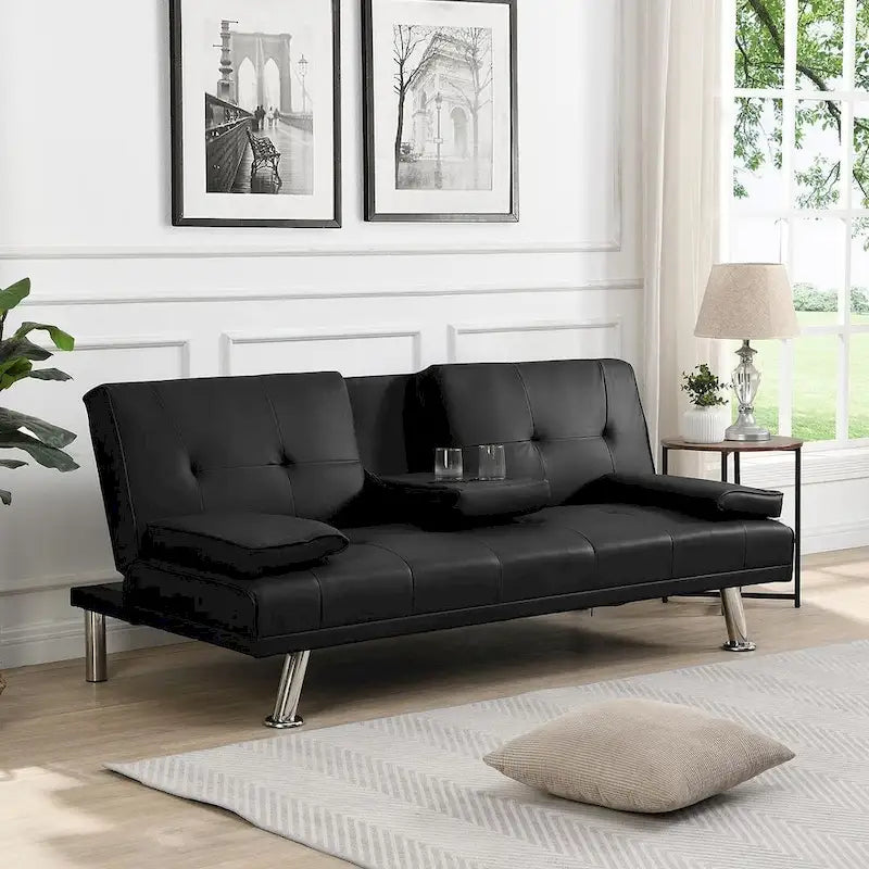 Click-Clack Convertible Sofa Bed – Black / Dark Brown, Faux Leather, 3-Position Recliner, Seats 2