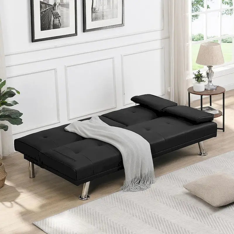 Click-Clack Convertible Sofa Bed – Black / Dark Brown, Faux Leather, 3-Position Recliner, Seats 2