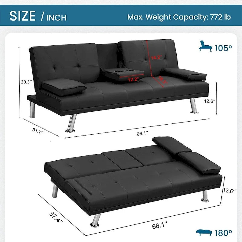 Click-Clack Convertible Sofa Bed – Black / Dark Brown, Faux Leather, 3-Position Recliner, Seats 2