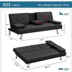 Click-Clack Convertible Sofa Bed – Black / Dark Brown, Faux Leather, 3-Position Recliner, Seats 2