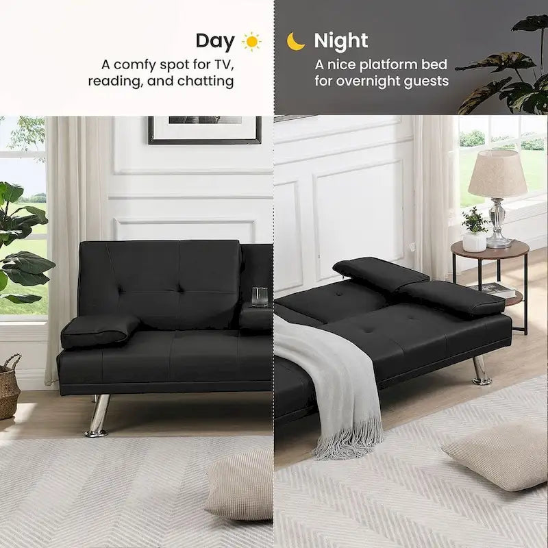 Click-Clack Convertible Sofa Bed – Black / Dark Brown, Faux Leather, 3-Position Recliner, Seats 2