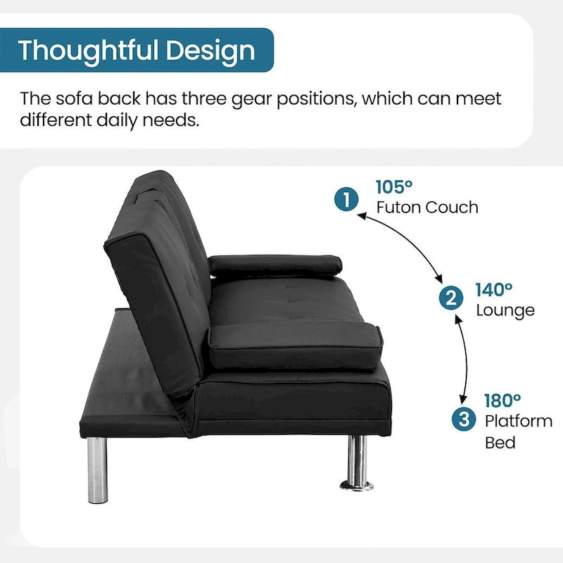Click-Clack Convertible Sofa Bed – Black / Dark Brown, Faux Leather, 3-Position Recliner, Seats 2