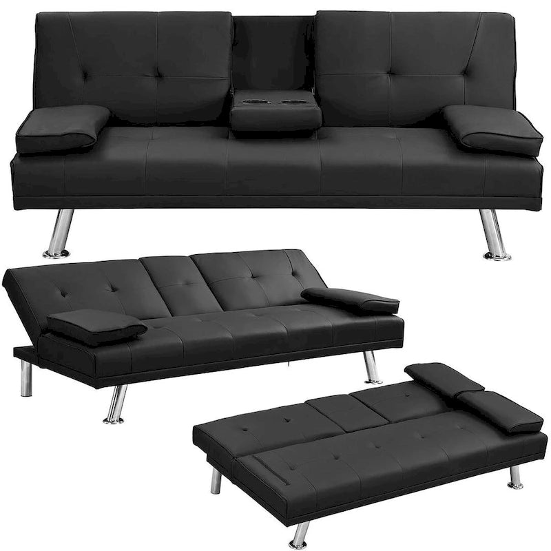 Click-Clack Convertible Sofa Bed – Black / Dark Brown, Faux Leather, 3-Position Recliner, Seats 2
