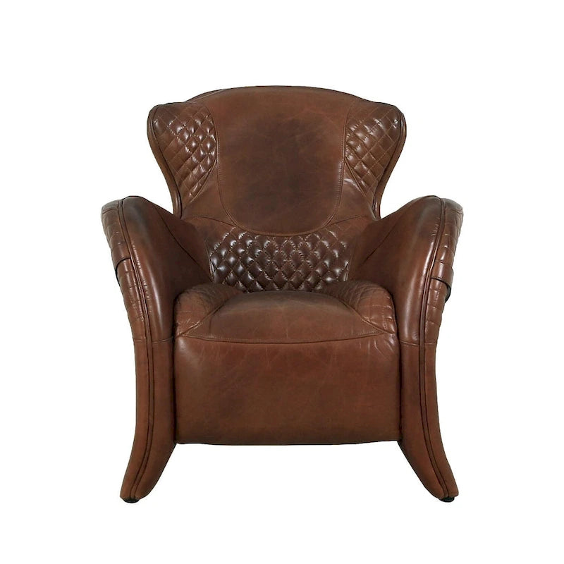 Top Grain Leather Wingback Chair – Brown, Quilted, Solid Wood Legs, Seats 1
