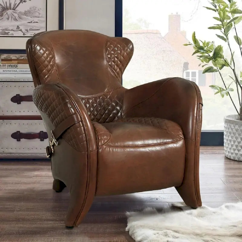Top Grain Leather Wingback Chair – Brown, Quilted, Solid Wood Legs, Seats 1