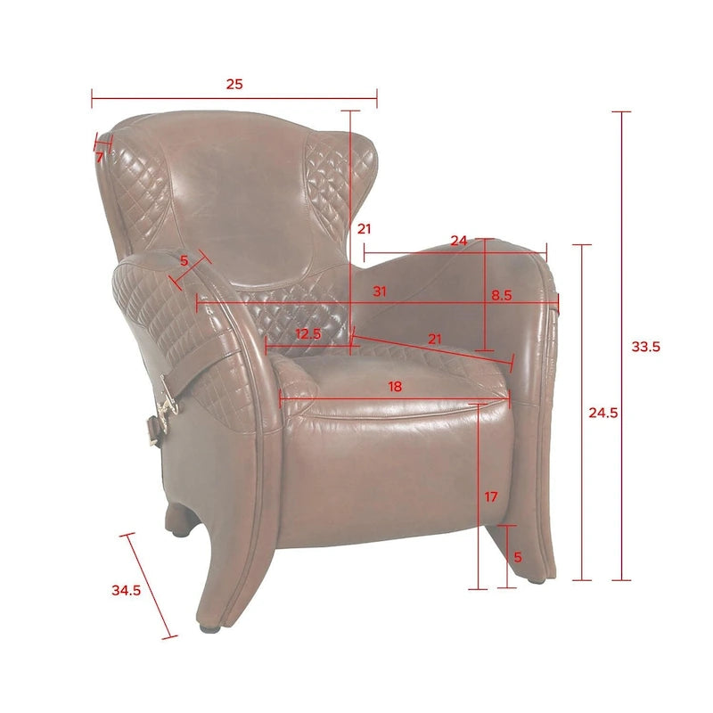 Top Grain Leather Wingback Chair – Brown, Quilted, Solid Wood Legs, Seats 1