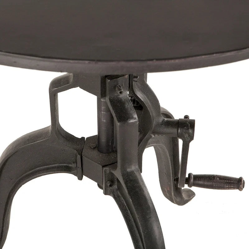 Round Adjustable Crank Side Table – Antique Black, Reclaimed Cast Iron, Industrial Style