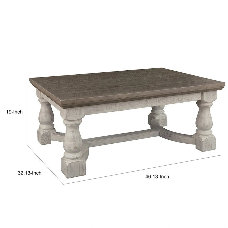 Rectangular Cocktail Table – Brown & Antique White, Plank Top, Trestle Base, Wood