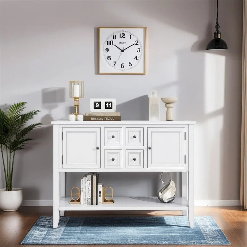 Vintage Console Table – White / Dark Blue / Lime White / Espresso, 4 Drawers, 2 Cabinets, Retro Style
