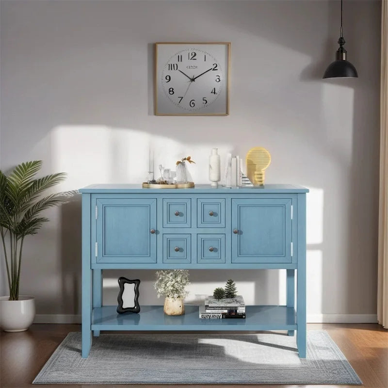 Vintage Console Table – White / Dark Blue / Lime White / Espresso, 4 Drawers, 2 Cabinets, Retro Style
