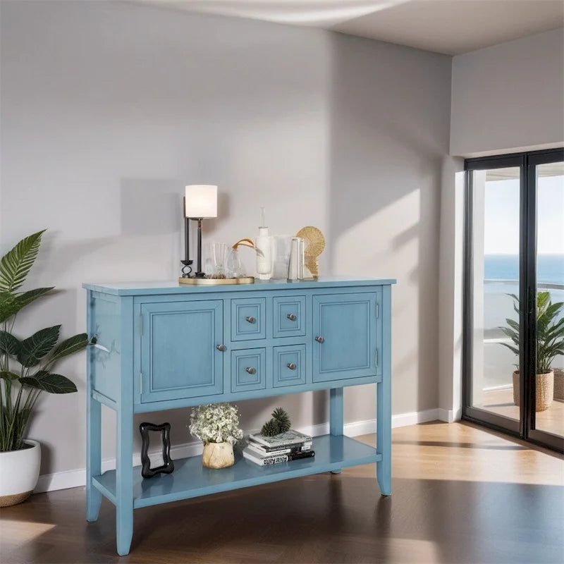 Vintage Console Table – White / Dark Blue / Lime White / Espresso, 4 Drawers, 2 Cabinets, Retro Style