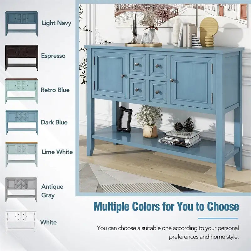 Vintage Console Table – White / Dark Blue / Lime White / Espresso, 4 Drawers, 2 Cabinets, Retro Style