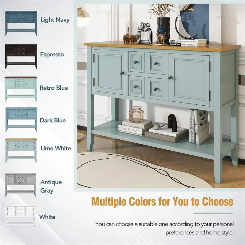 Vintage Console Table – White / Dark Blue / Lime White / Espresso, 4 Drawers, 2 Cabinets, Retro Style