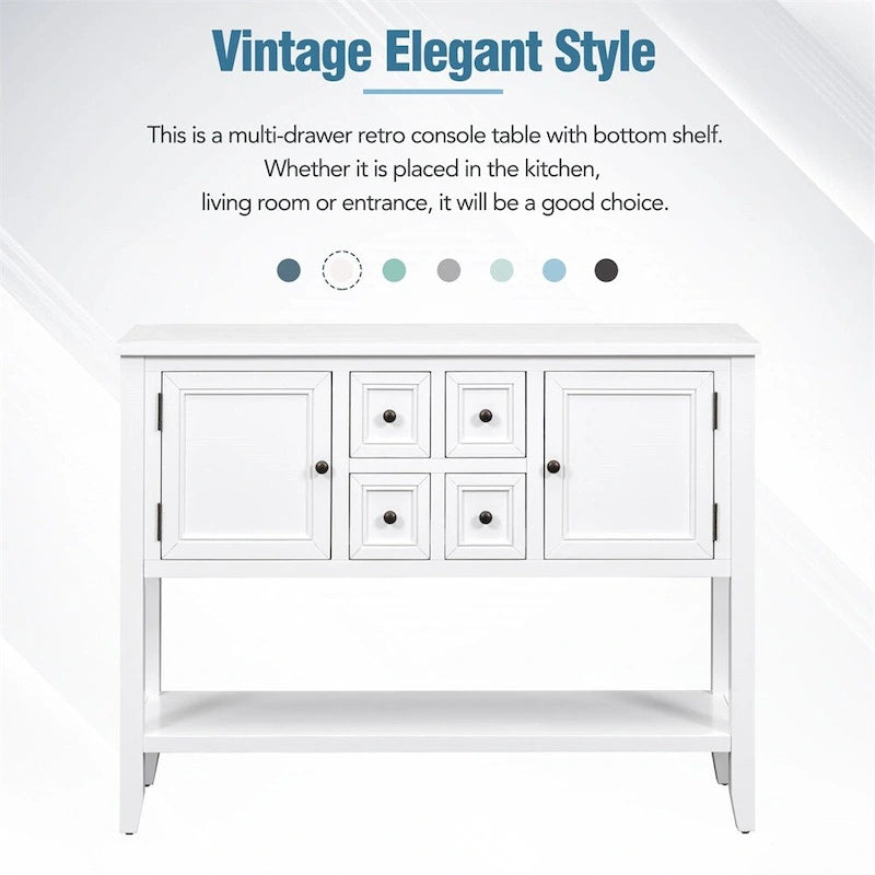 Vintage Console Table – White / Dark Blue / Lime White / Espresso, 4 Drawers, 2 Cabinets, Retro Style