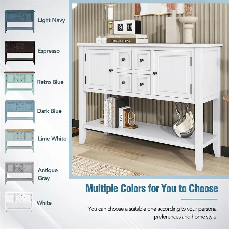 Vintage Console Table – White / Dark Blue / Lime White / Espresso, 4 Drawers, 2 Cabinets, Retro Style