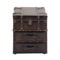 2-Drawer Accent Cabinet – Dark Brown / Blue, Faux Leather & Linen, Buckle Hinged Top, Traditional Style