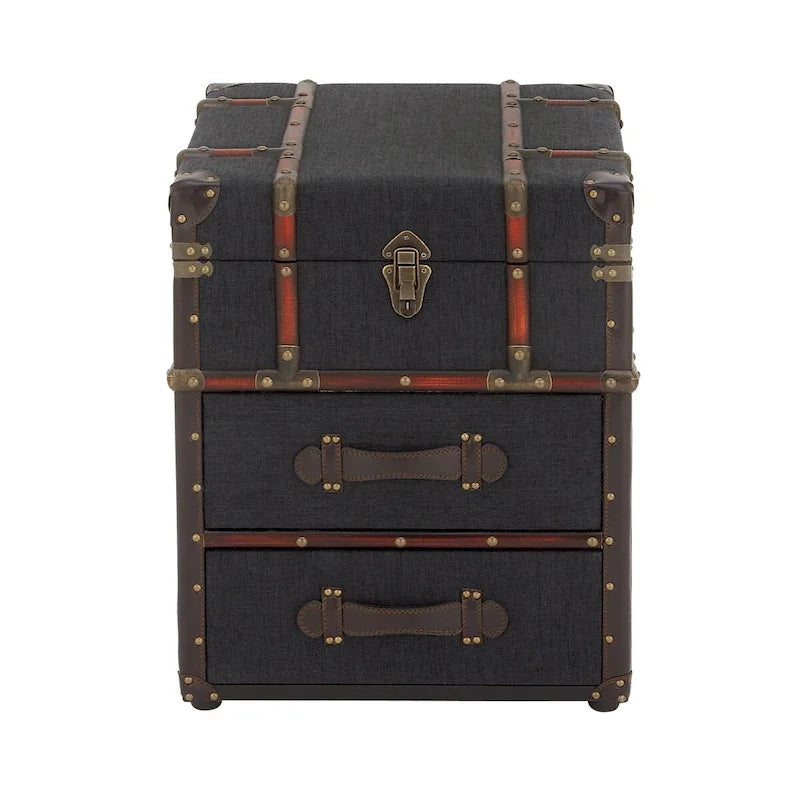 2-Drawer Accent Cabinet – Dark Brown / Blue, Faux Leather & Linen, Buckle Hinged Top, Traditional Style