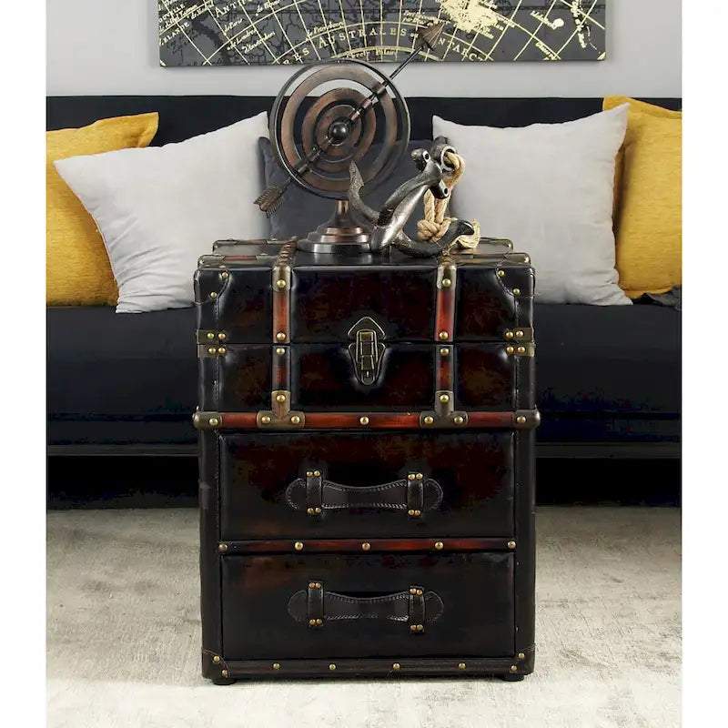 2-Drawer Accent Cabinet – Dark Brown / Blue, Faux Leather & Linen, Buckle Hinged Top, Traditional Style