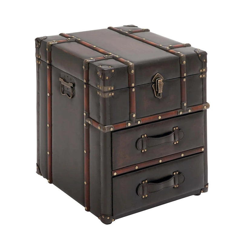 2-Drawer Accent Cabinet – Dark Brown / Blue, Faux Leather & Linen, Buckle Hinged Top, Traditional Style