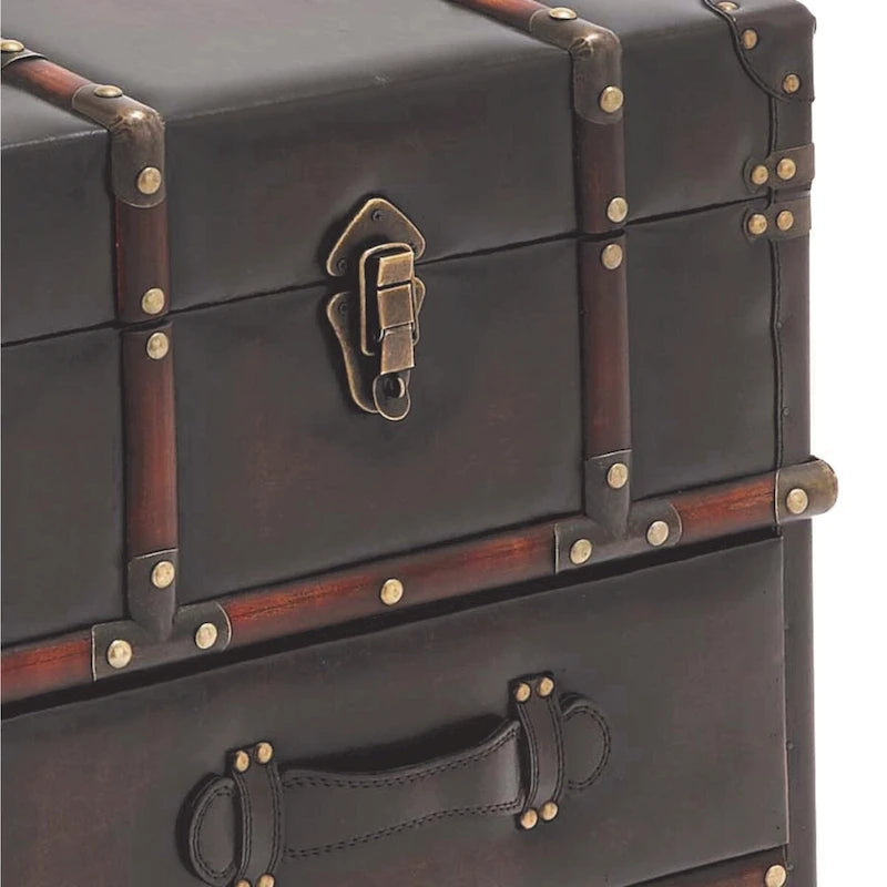 2-Drawer Accent Cabinet – Dark Brown / Blue, Faux Leather & Linen, Buckle Hinged Top, Traditional Style