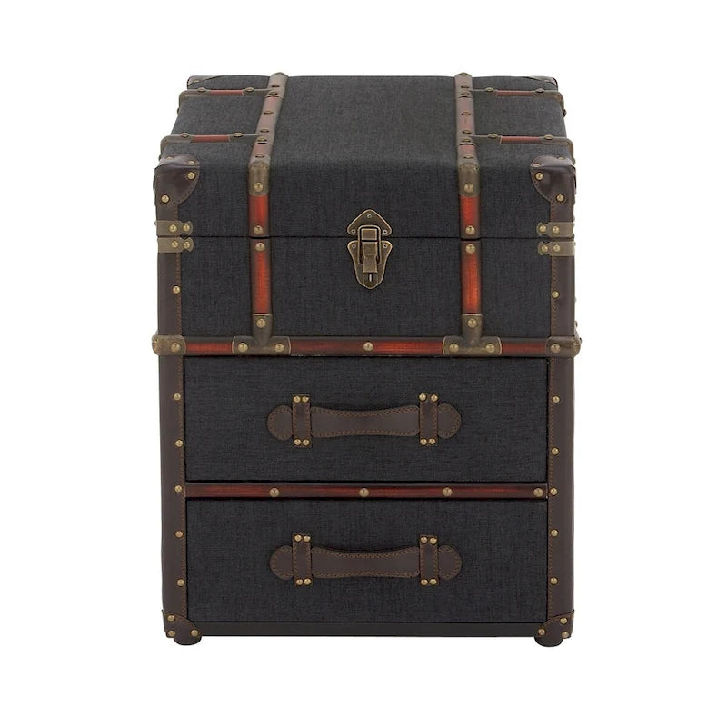 2-Drawer Accent Cabinet – Dark Brown / Blue, Faux Leather & Linen, Buckle Hinged Top, Traditional Style