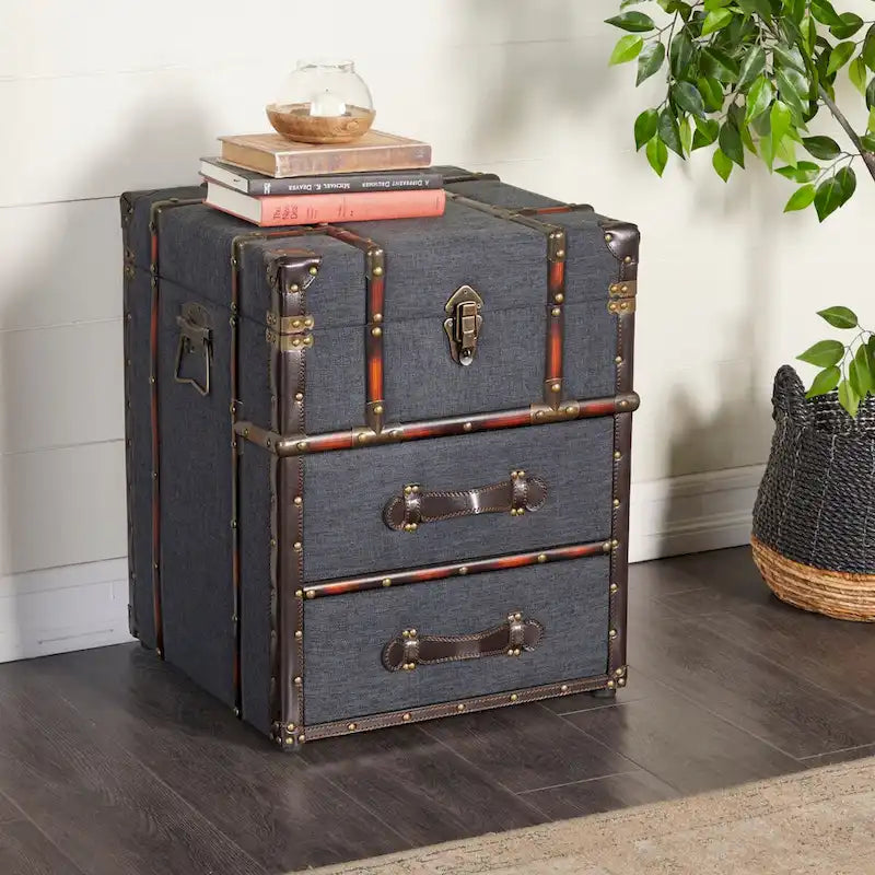2-Drawer Accent Cabinet – Dark Brown / Blue, Faux Leather & Linen, Buckle Hinged Top, Traditional Style