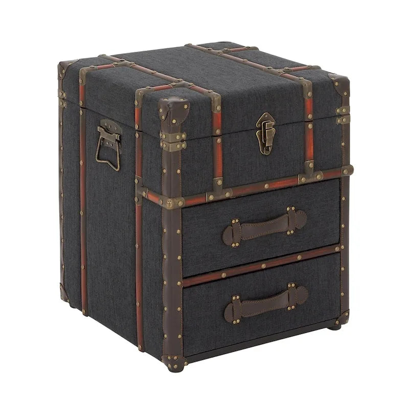 2-Drawer Accent Cabinet – Dark Brown / Blue, Faux Leather & Linen, Buckle Hinged Top, Traditional Style