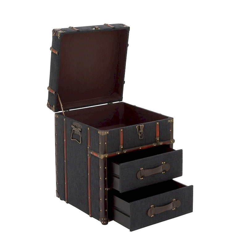 2-Drawer Accent Cabinet – Dark Brown / Blue, Faux Leather & Linen, Buckle Hinged Top, Traditional Style