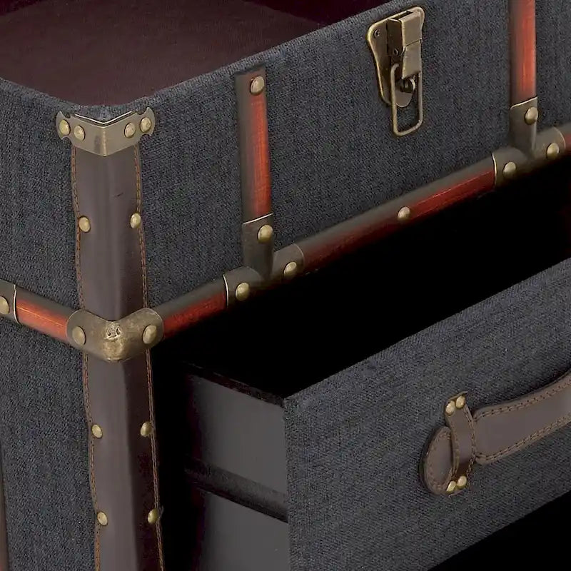 2-Drawer Accent Cabinet – Dark Brown / Blue, Faux Leather & Linen, Buckle Hinged Top, Traditional Style