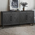 Large Storage Cabinet – Black / Natural Wood, Carved Flower Doors, Metal Handles, Rustic Modern Style