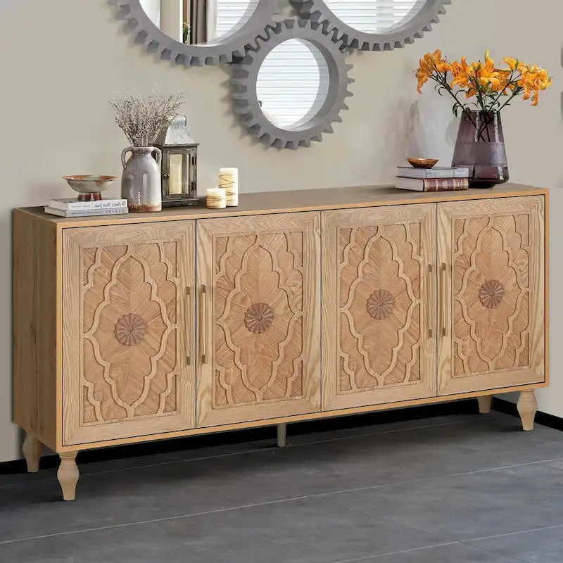Large Storage Cabinet – Black / Natural Wood, Carved Flower Doors, Metal Handles, Rustic Modern Style
