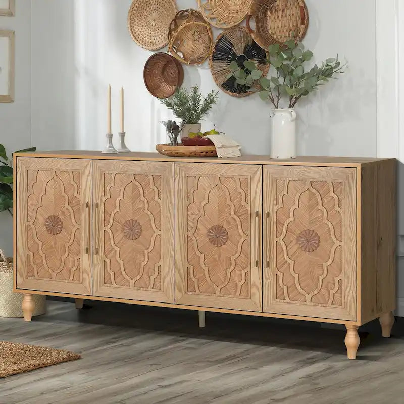 Large Storage Cabinet – Black / Natural Wood, Carved Flower Doors, Metal Handles, Rustic Modern Style