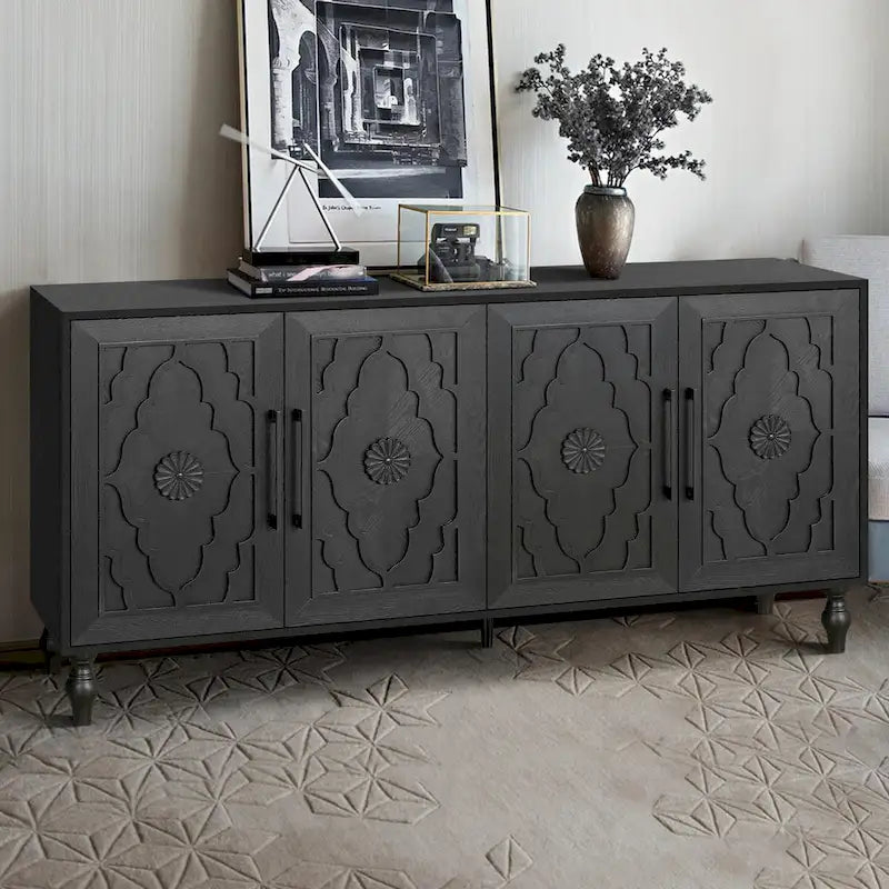 Large Storage Cabinet – Black / Natural Wood, Carved Flower Doors, Metal Handles, Rustic Modern Style