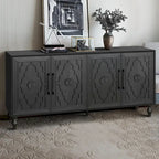 Large Storage Cabinet – Black / Natural Wood, Carved Flower Doors, Metal Handles, Rustic Modern Style