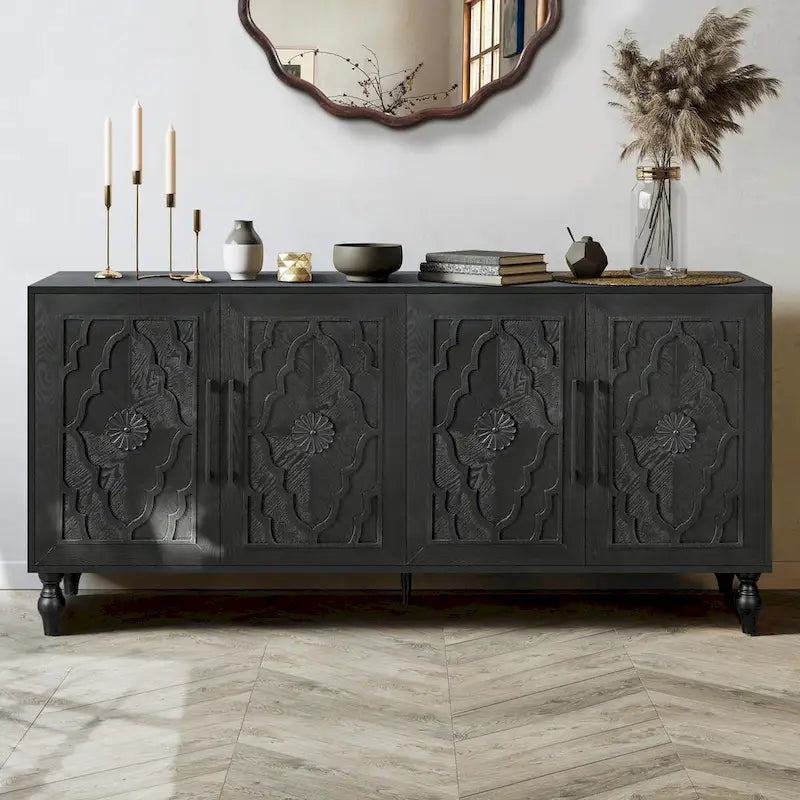 Large Storage Cabinet – Black / Natural Wood, Carved Flower Doors, Metal Handles, Rustic Modern Style