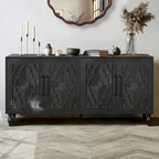 Large Storage Cabinet – Black / Natural Wood, Carved Flower Doors, Metal Handles, Rustic Modern Style